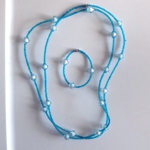 Handmade Ethiopian blue turquoise aqua beaded necklace and bracelet set